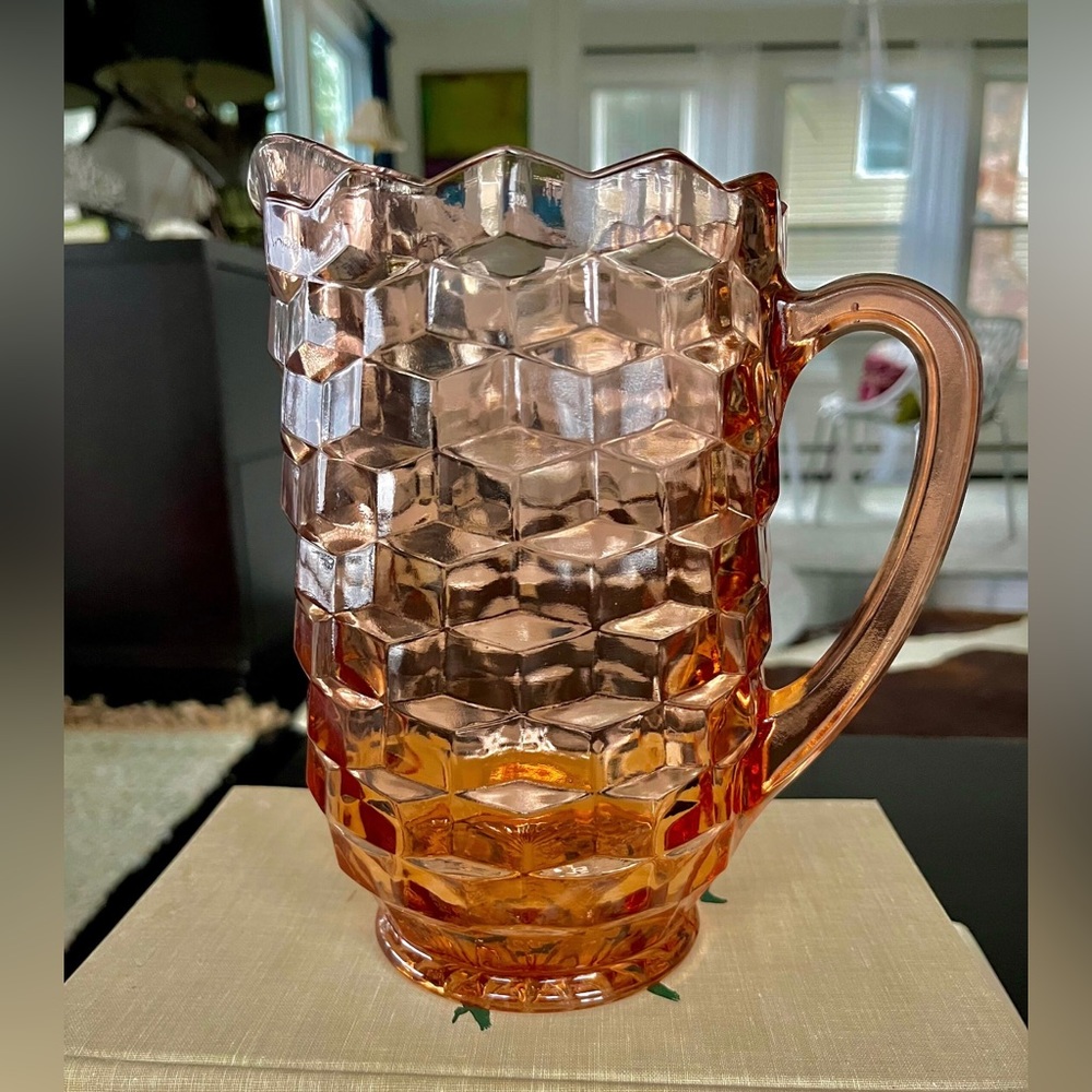 Vintage Indiana Glass Whitehall Colony Cubist Peach Glass Pitcher